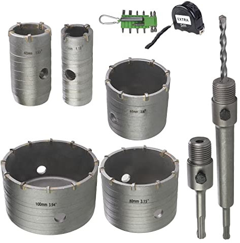 Wowsupm Lochsäge GCT-5PCS1+, 30, 40, 65, 80, 100 mm, 5 Stück Sägeblätter für Beton-Luftziegel-Stuck, zusätzliches 5-mm-Maßband und 11-teiliges Schraubendreher-Bit-Set