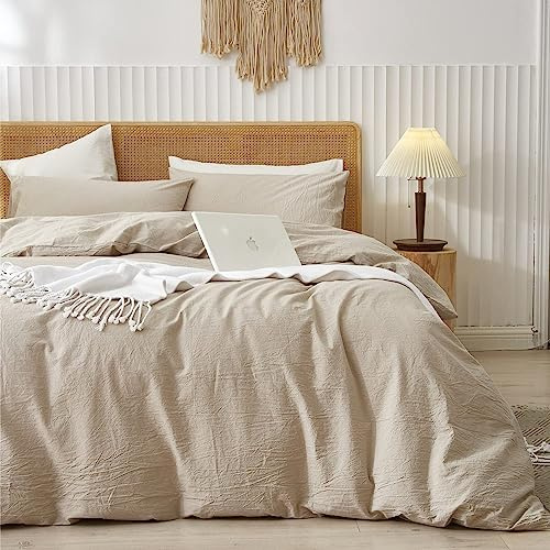 Sedefen Housse de Couette 200 x 200 cm Beige Coton lavé Couleur Unie - Parure de Lit 2 Personnes avec Fermeture Éclair - Aspect ridée Naturel Housse Couette avec 2 Taie d'oreiller 65x65 cm