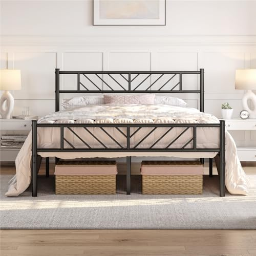 Yaheetech Struttura Letto Matrimoniale in Ferro Metallo Testiera Industriale Camera da Letto Ospiti Soggiorno Semplice Moderno Nero 140 x 200 cm