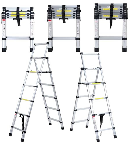 Fiqops Échelle télescopique en aluminium - 4 + 5 marches - Cadre A - Multifonction - 1,4 m + 1,7 m - Pour réparations de toit
