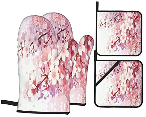 Guantes De Horno Juego De Agarraderas Cereza De Japón Guantes Y Agarraderas para Horno Lavable Guantes De Barbacoa, para Cocinar, Hornear