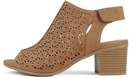 CITYCLASSIFIED “Elect” ~ Women’s Peep Toe Laser Cut Geometric Caged Slingback Ankle Strap Low Stacked Heel Ankle Bootie (Tan Nb, us_footwear_size_system, adult, women, numeric, medium, 7.5)
