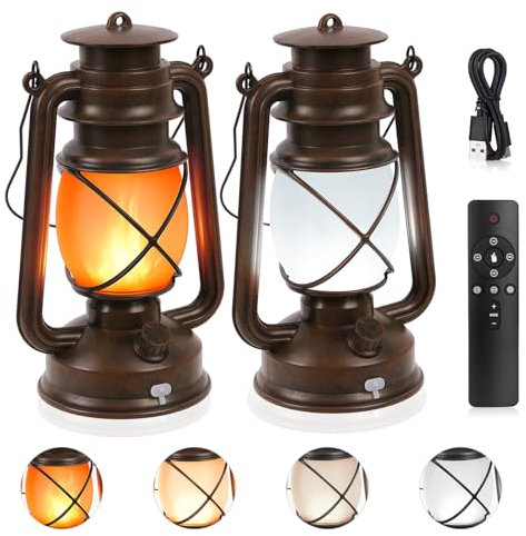 Shinmax Vintage LED Lanterns Battery Operated 4 Light Modes Lanterns for Outdoor Use with Remote Control USB Rechargeable Retro Garden Lantern Hanging Garden Camping Lantern Realistic Flickering Flame