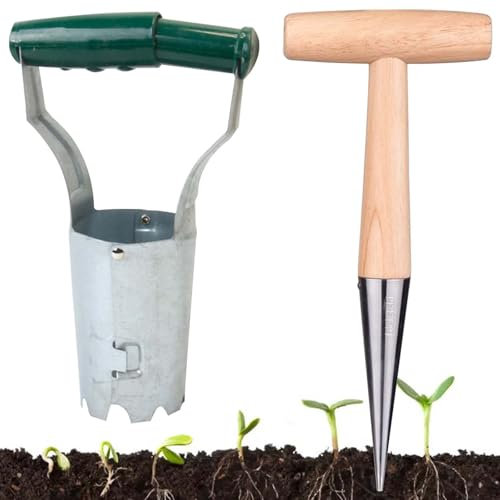 Juego de 2 maceteros de cebolla, peso ligero, de acero inoxidable, ayuda para plantar bulbos con un mango de madera, madera y cebolla para jardines