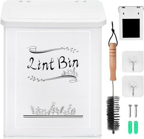 Tlence Contenedor magnético para pelusas, cubo de basura montado en la pared con cepillo, soporte de metal para pelusas para secadora con tapa, caja de pelusa de residuos para lavadora colgante,