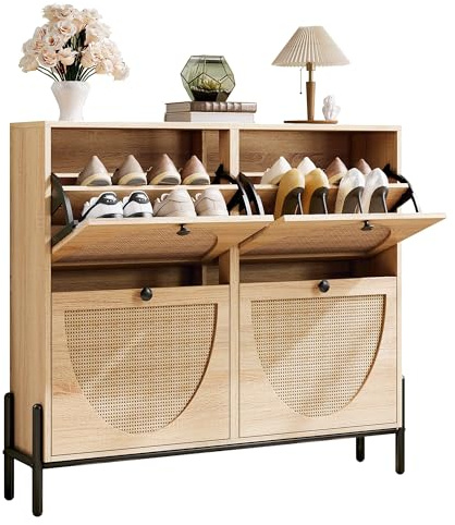 IRONCK Rattan Shoe Cabinet Storage with 4 Flip Drawers, Freestanding Shoe Storage Organizer Cabinet for Entryway, Narrow Shoe Rack Cabinet, Oak