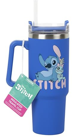 Paladone Disney Stitch 900 ml Blue Insulated Travel Cup and Straw, Officially Licensed Tumbler with Handle for Iced Tea or Coffee, Pop Culture Merchandise for Fans