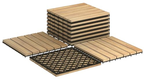 HOMFME 10 PCS Acacia Wood Deck Tiles, 30 x 30 cm Hardwood Square Floor Tile