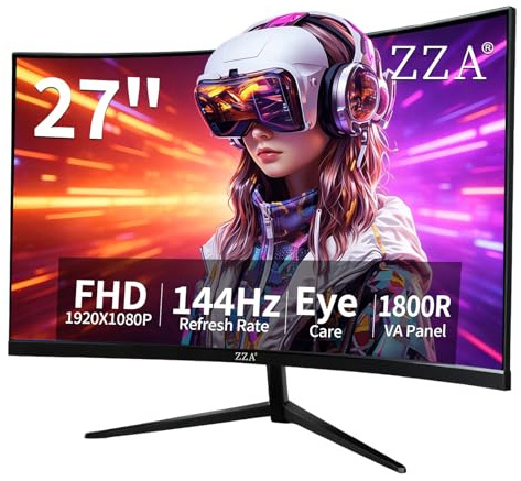 ZZA 27 Inch Curved Gaming Monitor 144Hz-1080P FHD Computer Monitor,VESA Mount,HDMI/VGA Ports,Tilt Adjustable-Black