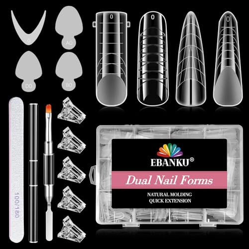 EBANKU Kit doppia forma per unghie, 288 stampi per unghie, 96 cuscinetti riutilizzabili in silicone per forme doppie, 5 pinze per unghie