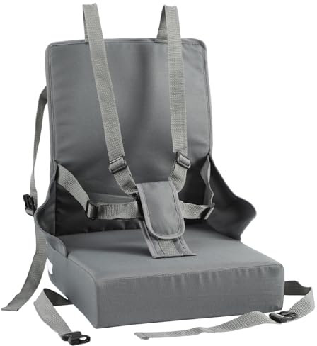 Jaxguom Sitzerhöhung Stuhl Kind, 5-Punkt-Gurt, Faltbar Stuhl Lifter, Tragbare Kind Sitzkissen mit Rückenlehne, Wasserdicht und Leicht zu Reinigen, Inklusive Aufbewahrungstasche, Grau