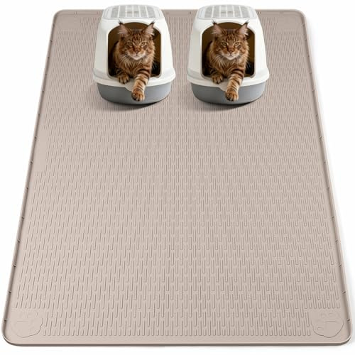 Bartuke Alfombrilla de silicona para arena para gatos, extra grande, 57 x 40 pulgadas, para control de dispersión, suave para patas de gatito, fácil de limpiar (caqui)