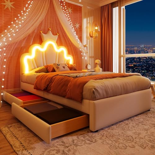 LAKFEW Cama Individual Cama Niña 90x200 cm con LED y 2 Cajones, Camas Juveniles Cama 90 Infantil con Cabecero Ajustable de Diseño Corona, Camas Individuales, PU, Blanco, Sin Colchon