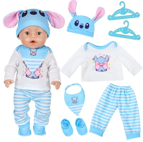 Doll Clothes for 14-18 Inch Baby Dolls, 35-45cm Baby Doll Outfits Clothes with Sweet Blue Top Trousers Hat Bib Socks Hangers, Dolls Clothes Outfits Gift for Boys Girls Pretend Play