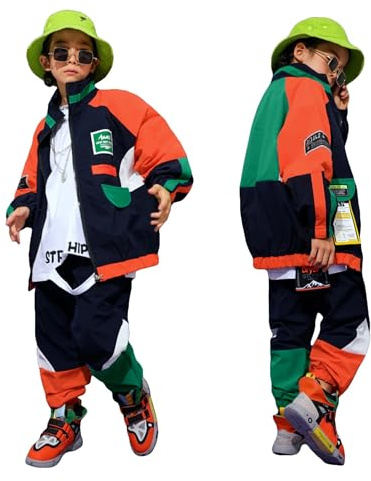 LOLANTA Completo Hip Hop per Bambini 2 Pezzi, Tuta da Danza con Giacca a Zip e Pantaloni Jogger, Stile Retrò Color Block Streetwear Unisex(Arancione, 10-11 Anni, 150)