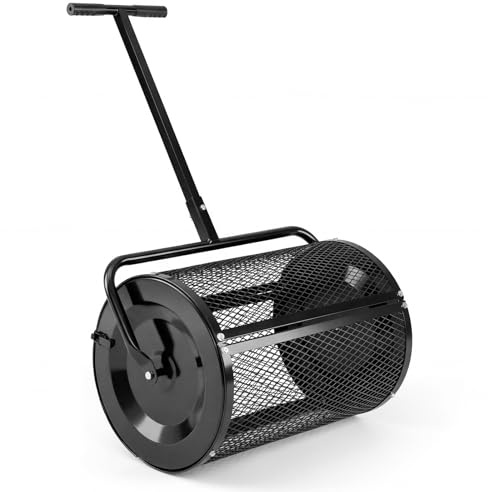 COSTWAY Esparcidor de Compost 77L, Rodillo Esparcidor de Turba, Mango en T Ajustable en Altura, Cesta de Malla Metálica, Abono Mantillo para Jardín Césped, 67,5 x 40 x 113 cm (Negro)