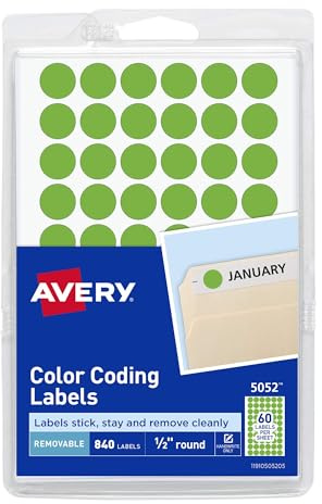 Avery Color-Coding Removable Labels, 1/2 Inch Round Stickers, Neon Green, Non-Printable, 840 Dot Stickers Total (5052)