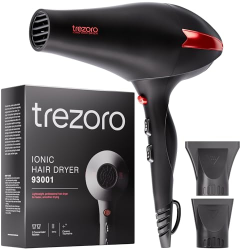 TREZORO Professional Hair Dryer, Ionic Ceramic Tourmaline Technology, 2000W Fast Quiet Drying, with Narrow & Wide Concentrator Nozzles, 3 Heat & 2 Speed Settings, Cool Shot Button, Black