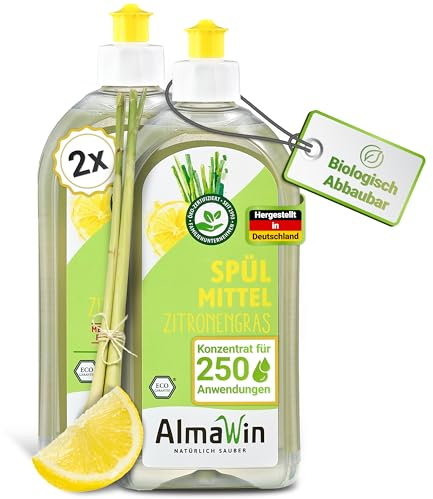 AlmaWin® Spülmittel Öko [2x 500ml] mit Zitronengras-Duft - Kraftvolles Geschirrspülmittel flüssig mit hoher Fettlösekraft - Vegan Dish Soap - Biologisch abbaubares & ergiebiges Konzentrat