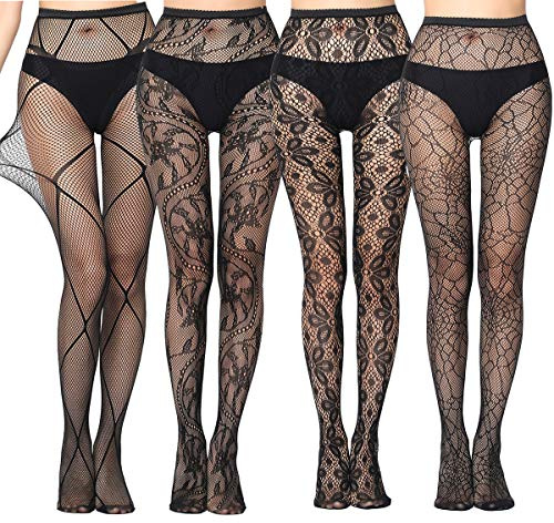 ANDIBEIQI Collants Bas Résille 4 Paires Femmes Hollow Collant extensible filet élastique confortable noir/motifs fleurs