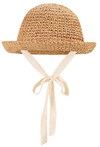IBLUELOVER Girls Straw Hat Foldable Sun Hat Summer Baby Kids Roll up Panama Hat Outdoor UV Protection Beach Hat with Lovely Lace Chin Strap for Toddler Kids 2-7 Years Khaki