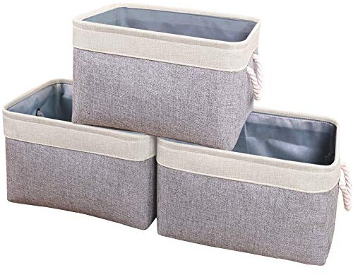 Yawinhe 3 Stück Aufbewahrungsbox, Aufbewahrungskorb mit Griff, Stoffwürfel Regalkörbe, Würfel körbe für regal, für Schrank,Regal, Kleidung, 34x22x17cm,Weiß/Grau, SNK004WGM