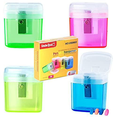 Uncle Paul 4 Stück manueller Bleistiftspitzer mit Abdeckung, tragbarer Bleistiftspitzer für Kinder, Studenten, Schule, Zuhause, Büro, mit 4 Radiergummis OS0603