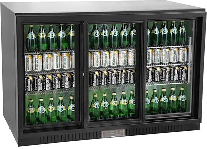 METRO Professional GBC3103 Glastür-Kühlschrank, Verzinktes Blech/Aluminium/Glas, 3 türig, 9 verstellbare Einlegeböden, automatische Abtauung, 308 L, mit Schloß, LED Beleuchtung, schwarz