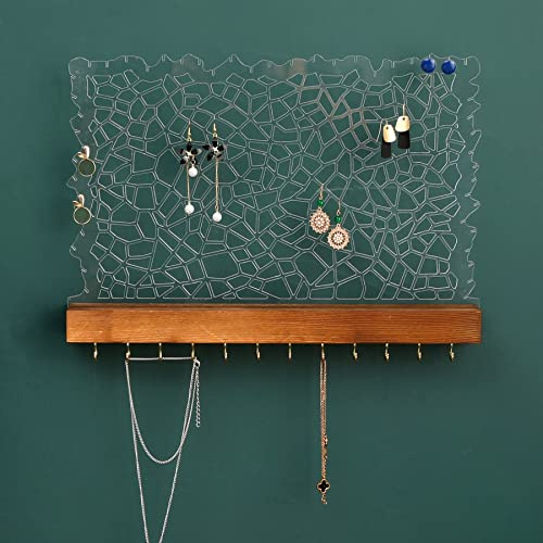 KingLin Earring Holder Organizer, Hanging Jewelry Organizer Wall Mounted Earing Holder with Wood Base Acrylic Holder for Stud Earrings, Necklaces, Earrings, Bracelets, Rings