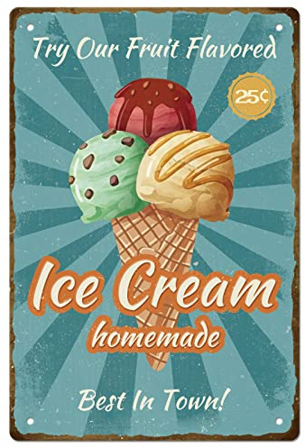 SUPERDANT Helado Cartel de Chapa Hecho En Casa Pruebe Nuestros Carteles de Chapa de Metal Vintage con Sabor A Fruta Pintura de Arte de Pared Divertida Decoración de Hierro para Tienda de Helados