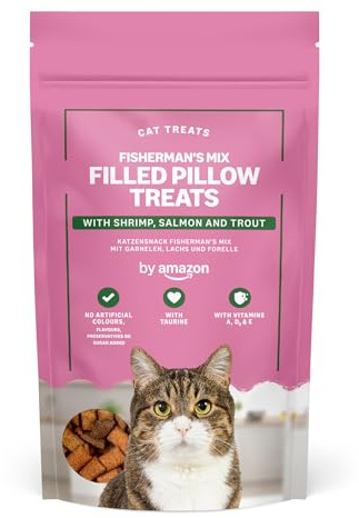 by Amazon - Friandises pour chats - Petits coussins Mélange du pêcheur avec crevettes, saumon et truite, 70 g