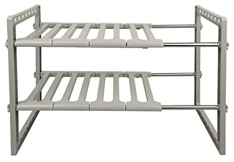 Drumm Scaffale sotto il lavandino – acciaio inossidabile e plastica PP rack estensibile organizzatore sotto il lavello scaffale espandibile di stoccaggio, 2 livelli, per cucina, bagno