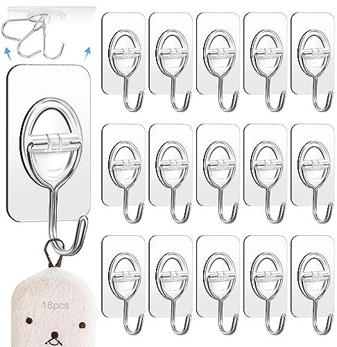 SDwfxd 18 Stk Transparent J-shape Minimalist Modern Klebehaken, Abnehmbar, Max. 5 kg, Wandmontage, Kunststoff, Universal-Klebehaken für Handtuchhaken Decke Bad Küche