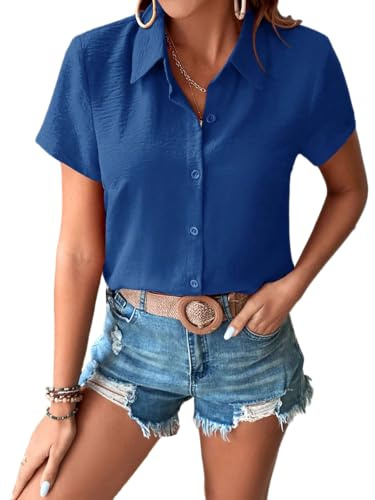 Zeagoo Blusa De Satén para Mujer Camisas Elegantes con Cuello En V Tops De Trabajo Informales con Botones Camisa Manga Larga Blusas Sueltas Brillantes Azul M