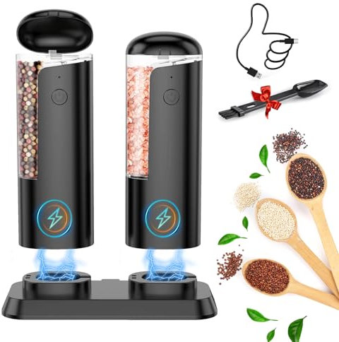 Macina Sale e Pepe Elettrico Ricaricabile: Macina Spezie a Granulometria Regolabile Macina Pepe Automatico Sale e Pepe Set Ricaricabile Macinapepe a Grande Capacità (Nero)