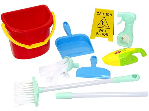 Boley: Cleaning Set - 8pc Toy Accessories, Broom-Dustpan-Mop-Vacuum-Bucket-Squeegee-Sprayer-Wet Floor Sign, Pretend Play & Housekeeping, Kids Ages 3+