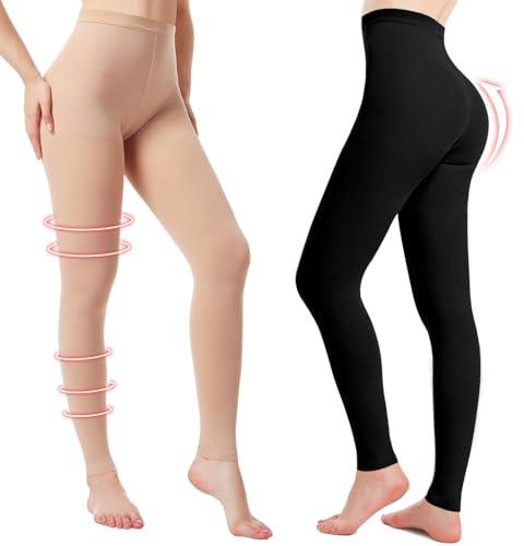 2 Pairs Medical Compression Pantyhose for Women, 20-30mmHg Graduated Support Tights, Opaque Footless Waist High Compression Stockings Leggings for Varicose Veins, Edema，DVT(Beige*1+Black*1, XL)