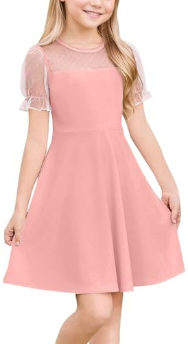 JiAmy Vestito Bambine Estate con Maniche a Palloncino, Abito Principessa con Inserti in Tulle Elegante, Abbigliamento per Ragazze 5-14 Anni