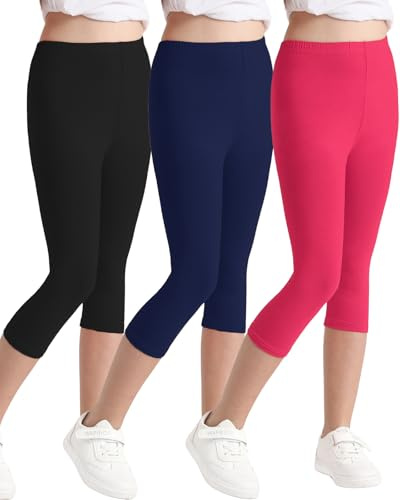 Domee Mädchen 3/4 Leggings Caprihose Sommer Baumwolle Sport 3er-Pack Schwarz&Marineblau&Rosenrot 122-128 (Herstellergröße 130)