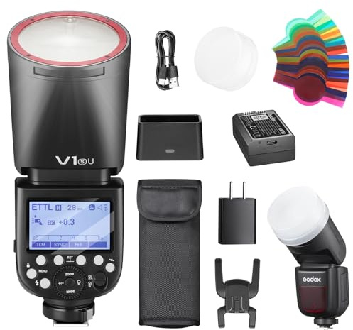 Godox V1S USA V1 SU Round Head Flash for Sony TTL Hot Shoe Flash 2.4G X Wireless HSS 1/8000s 2980mAh Lithium Battery LED Modeling Lamp Shot speedlight with Tri-Color Diffuser for Sony(USA Version)