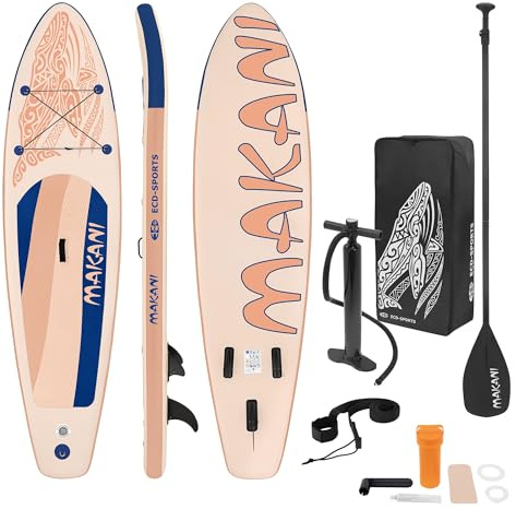 ECD Germany Tabla Hinchable de Paddle Surf Sup Makani 320 x 80 x 15 cm de PVC con Bomba de Aire, Bolsa de Transporte y Accesorios, Placa Stand Up para Adulto y Niño hasta 120 kg, Color Albaricoque