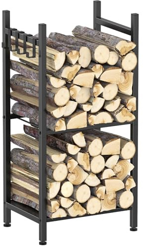 Shinoske Estante para leña de Chimenea con 4 ganchos, 40 x 30 x 80 cm, Estante de Leña para chimenea 2 Niveles Leñero Exterior e Interior Metálico, Negro