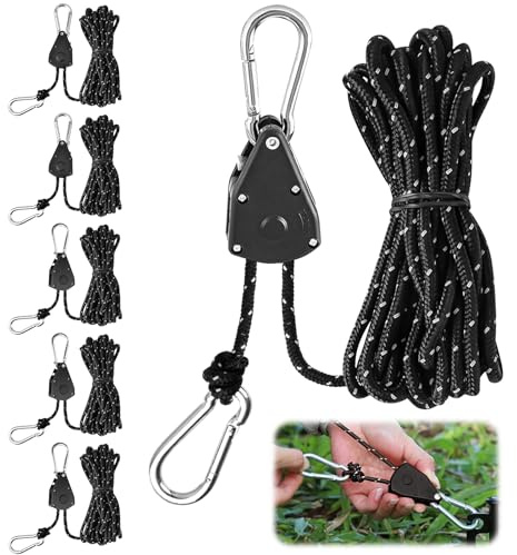 BREANIFULL 6 corde di tensionamento con tenditore per corda, colore nero, 1/8, con tenditore, 4 m, cricchetto regolabile con gancio φ 4 mm, corde di tensione riflettenti per tenda da sole