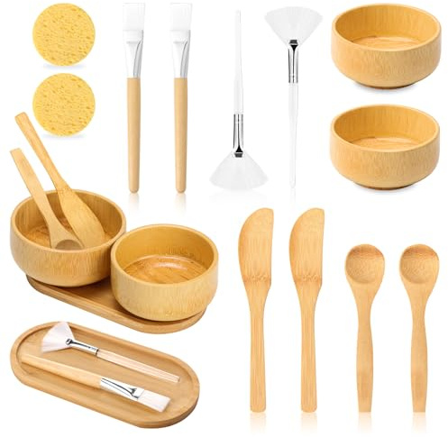 14 piezas de suministros de esteticista de bambú, 2 cuencos para mezclar máscaras faciales, 2 cepillos de abanico, 2 cepillos faciales planos, 2 espátulas de máscara, 2 cucharas de crema facial, 2