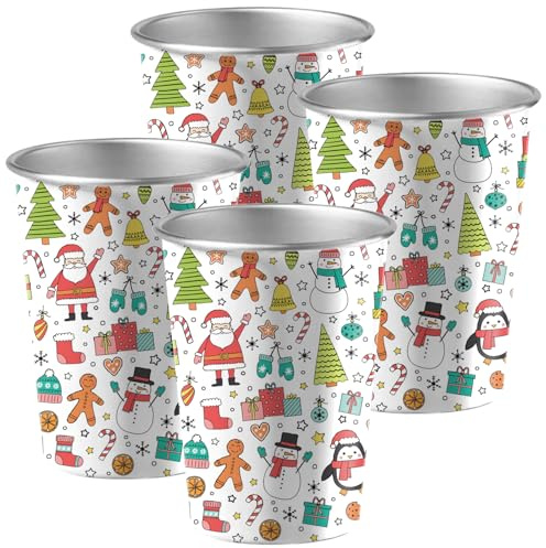 Christmas Cups for Kids, Stainless Steel Kids Drinking Cups, Christmas Stocking Fillers for Boys Girls 3 4 5 6 7 8 9 10 Year Old, Reusable Holiday Toddler Tumblers Mugs for Coffee Milk Water, 4 Pack