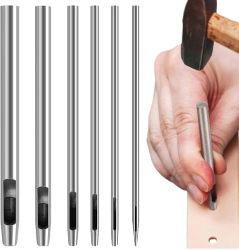 6er Locheisen Set, Lochstanzer, Lochstanzer Leder, Lochzange für Leder, Stanzwerkzeug Set, Locheisen Satz für Leder, Uhrenarmband, Dichtung Gürtel, Schuh, Stoff Öse Runde 1-6mm (Rostfreier Edelstahl)