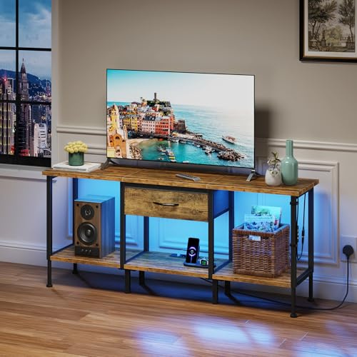 OYRREU Mueble de TV con Enchufe, Mesa Television con Iluminación LED, Cajón de Tela y Estantes, Mueble Bajo Salon de 140 cm para TV de hasta 65″, para Sala de Estar y Dormitorio, Marrón Rústico