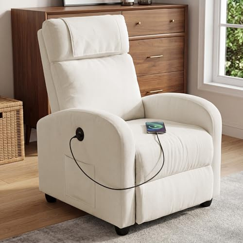 BonVoche Fauteuil Relax, Fauteuil Détente avec Ports de Chargement USB & Type-C, Dossier et Footstool Réglables, Siège Individuel pour Salon, Chambre, Bureau, Tissu Lin, Beige