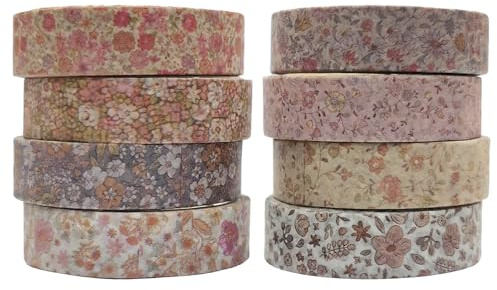 XETHI Set de 8 Rollos Washi Tape Vintage, 1cm x 3m, Cinta Adhesiva Decorativa Removible sin Residuos para Scrapbooking, Bullet Journal y Manualidades (Pequeñas Flores)