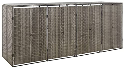 Mokuyary Abri pour Poubelle Quadruple Gris 274x80x117 cm Résine tressée, Abri de Jardin Cache pour poubelles, Conteneur d'extérieur Coffre de Rangement